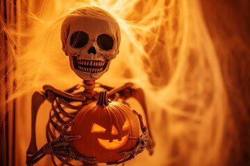 Hyper realistic halloween scene  skeleton with pumpkin head and spider web against misty backdrop