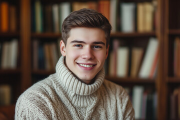 portrait of a smiling guy in the library on the background of shelves with books