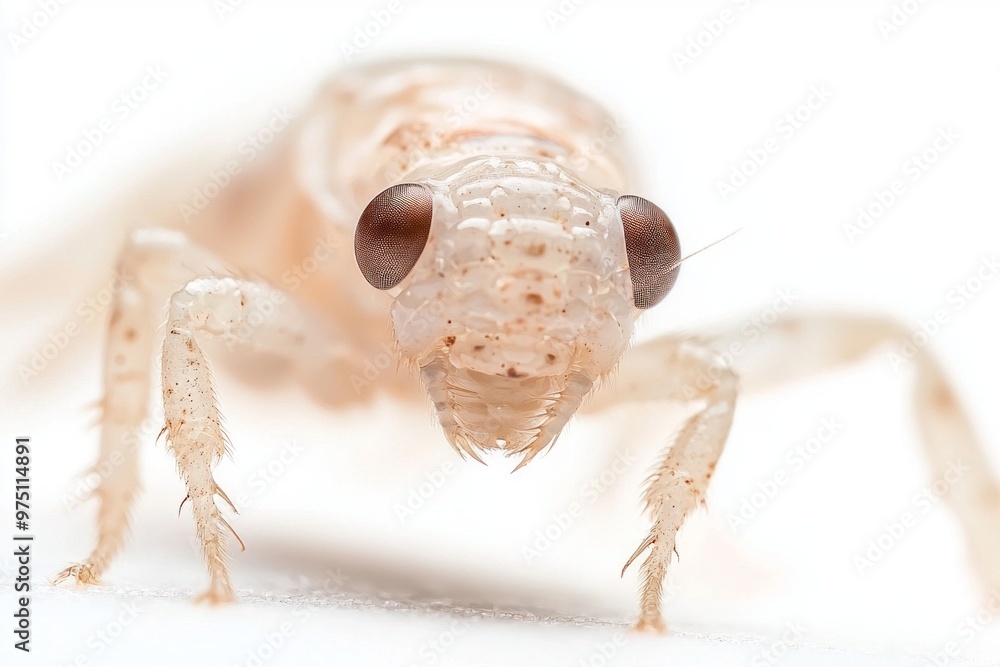 cicada nymph explores a stark white background, showcasing its ...