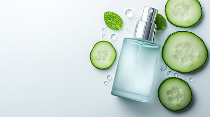   A cucumber-surrounded perfume bottle with white surface and water droplets