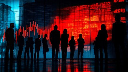 silhouette of man with red and yellow light on stock market background