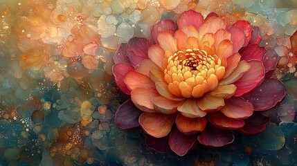 Wall Mural -   Orange-red flower painting with water droplets on petal tops and bottoms