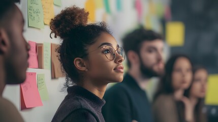 Wall Mural - A Young Woman in Glasses Listens Attentively During a Meeting