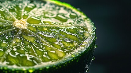 Poster -   A high-resolution image of a close-up lime slice with water droplets both inside and outside