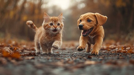 Wall Mural - an Banner featuring a cat and a dog playfully interacting, highlighting the bond between pets.