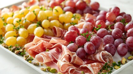 Sticker -   A platter of grapes, ham, and other meats is arranged on a white platter