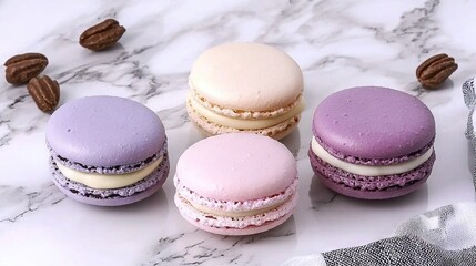 Poster -   A collection of macaroons resting atop a white marble surface alongside a heap of pecans