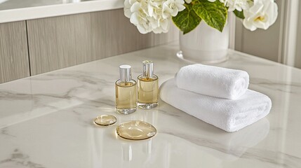 Canvas Print -   A pair of perfumes sit atop a counter with adjacent towels and a vase of flowers