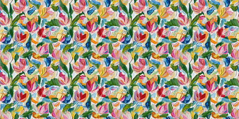 an abstract painting pattern of tulips in a naive impressionistic style with gouache