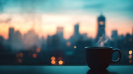 Steaming coffee cup with city skyline at sunrise, calming morning concept