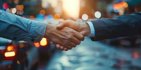 Two professionals shaking hands on a busy city street at sunset, symbolizing partnership, agreement, and successful business relationships.