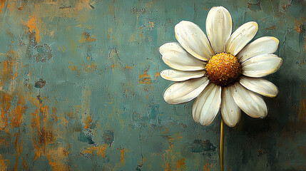 Poster -   A white flower painted on a teal-green background has a golden center at its core, while the center of the flower boasts a bright yellow hue