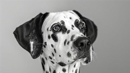 Poster -   A monochromatic Dalmatian canine with facial spots glumly gazing at the camera