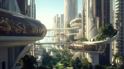 A futuristic cityscape with curved buildings, elevated walkways, and green spaces.