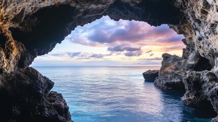 A photograph of a natural cave with calm, serene water. A view from inside a cave looking out, with a stunning sunset sky.