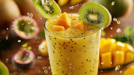 Wall Mural -   A refreshing fruit smoothie made with kiwi, orange, and kiwi slices falling into a glass on a table