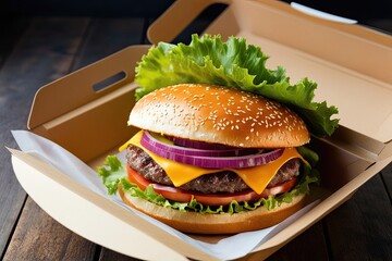 Wall Mural - Isolated Hamburger in Takeaway Box Tasty Fast Food Delight