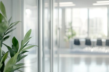 Wall Mural - Modern white office interior featuring glass walls and blurred conference room in background