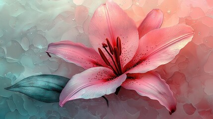 Poster -   A close-up of a pink flower with water droplets on its petals and a green leaf on the flower's tip