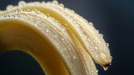   Banana close-up with water droplets and blue background