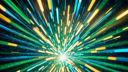 Wall Mural - The image shows a burst of light with colors ranging from yellow to green, emanating from a central bright point and spreading outwards into small dots, creating a sense of depth and movement.