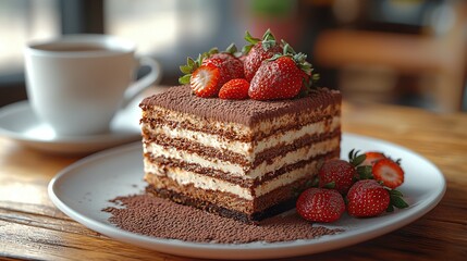 Wall Mural -  A slice of cake with chocolate icing and strawberries on a plate, accompanied by a cup of coffee