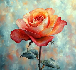 Poster -   A vibrant depiction of a crimson rose adorned with glistening dewdrops on its velvety petals, positioned against a serene azure backdrop,