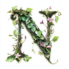 elegant letters made of flowers and leaves with vines, the letter N