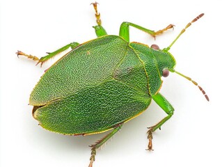 vibrant green shield bug rests on a clean white background, highlighting its flat body and intricate details. This realistic representation captures the beauty of this insect.