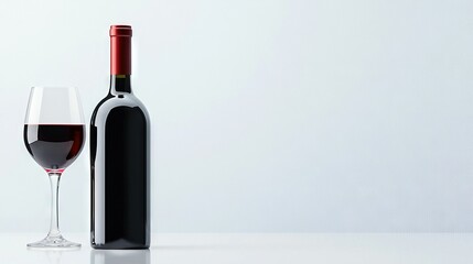 Poster -   A white table holds a red wine glass and a wine bottle against a white wall in the background