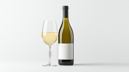   A glass of white wine sits next to a white wine bottle on a white table, with another white wine bottle in front