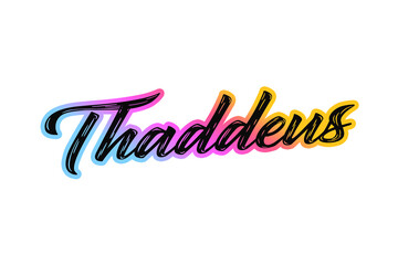 The name “Thaddeus” written in a stylized colorful retro font