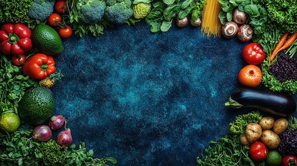 Poster -   A colorful arrangement of diverse vegetables surrounds a white text box on a blue backdrop