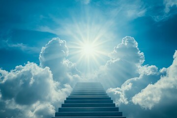 Wall Mural - Stairway to hope  a serene pathway surrounded by clouds and sunlight amidst a blue sky