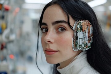 Sticker - Nanorobotics nanofabrication bio inspired femtosecond and brain implant cybernetic woman with exposed circuitry and neural implants in laboratory setting