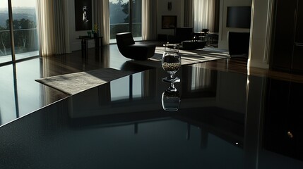 Wall Mural -   A spacious room featuring a grand glass table and an outdoor vista