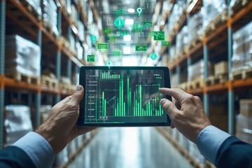 Wall Mural - businessman with digital tablet showcasing warehouse management and data technology concept
