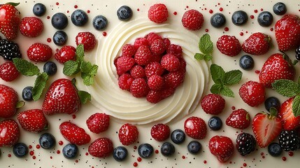   Strawberries, blueberries, raspberries and strawberries are displayed on a white plate on a table