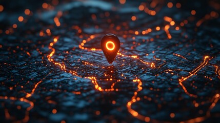 Poster - Glowing map with location pin highlighting city at night, technology concept