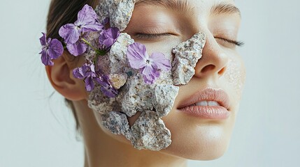 Sticker -   A woman's face with flowers on a rock in the foreground and a rock in the background, showing a close-up