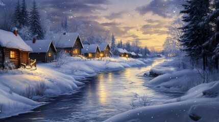 Wall Mural - Snowy Winter Village by a River at Sunset