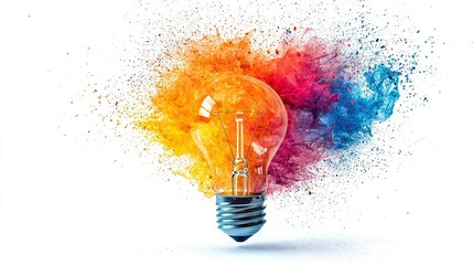 Wall Mural -   Multicolored light bulb with splattered center, white background