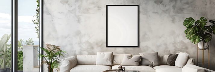 Sticker - Modern living room interior with white sofa and plants. Mockup with a black frame on the wall for artwork or photography.