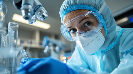 Wall Mural - scientist in protective gear holding a test tube in a laboratory