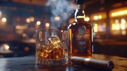 A bottle and a glass of whiskey with ice and a steaming Cuban cigar