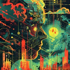 Poster - Abstract futuristic AI artwork with neon cityscape and a glowing human head made of circuitry