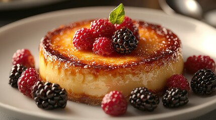 Wall Mural -   A macro image of a dessert plate featuring raspberries and blackberries on top of the treat