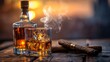 © Ziyan - A bottle and a glass of whiskey with ice and a steaming Cuban cigar
