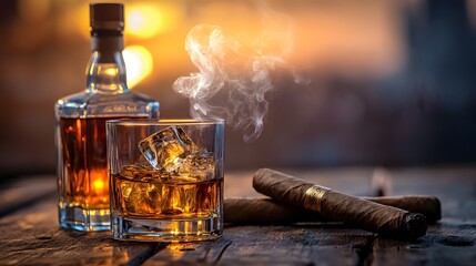 Wall Mural - A bottle and a glass of whiskey with ice and a steaming Cuban cigar