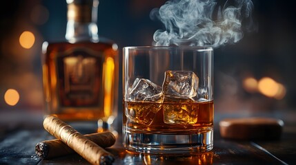 A bottle and a glass of whiskey with ice and a steaming Cuban cigar